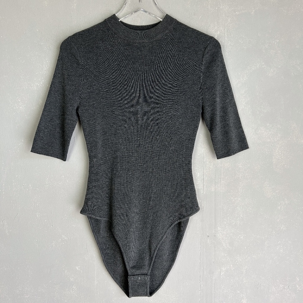 ADAY size M Like a Glove bodysuit high neck short sleeve gray merino wool blend - Picture 1 of 11